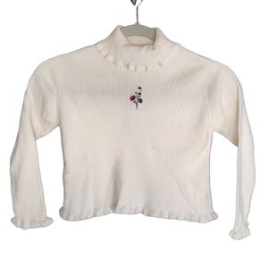 Vintage McKids Girls 6 Ribbed Turtleneck Sweater Cream Embroidered Floral 90s